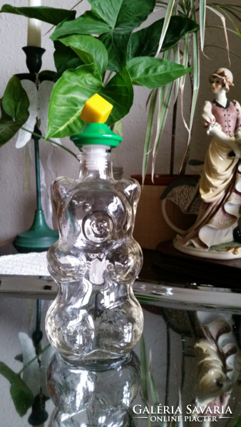Régi maci formájú üveg palack eredeti dugójával, Kefla jelzés az alján, 2 dl-s