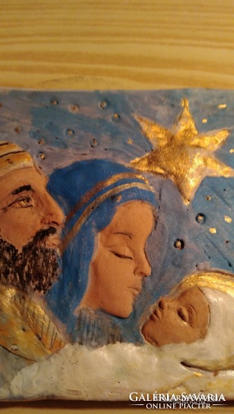 The holy family, the birth of Jesus - ceramic, clay tiny painted relief