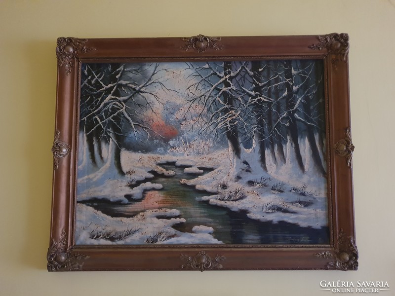 Jenő Karlovics, winter forest with stream, oil painting on canvas 60x80 cm, with frame 75x95 cm,