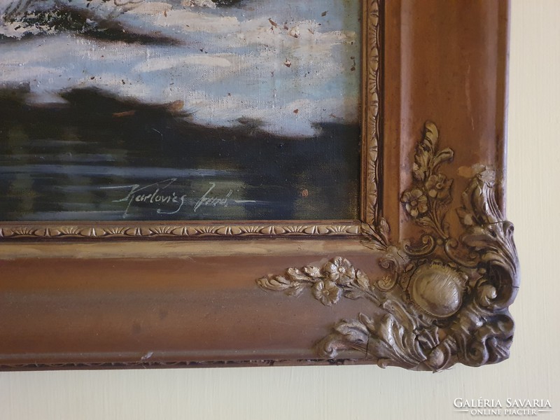 Karlovics Jenő, Téli erdő patakkal, olaj festmény vásznon 60x80 cm, kerettel együtt 75x95 cm,