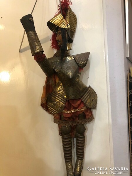 Marionett bábú fémből, XIX. századi, Rod Pupett lovag, 40 cm-es