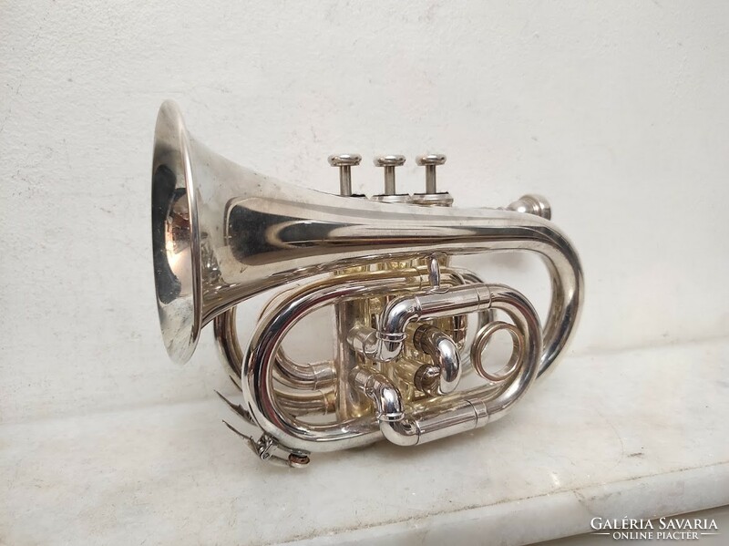 Antik hangszer kis rézfúvós trombita kürt dobozában japán 382 6304