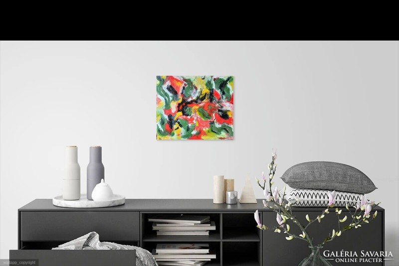 ZSM Absztrakt festmény, 50 cm/60 cm vászon, olaj, festőkés - Színek mozgásba