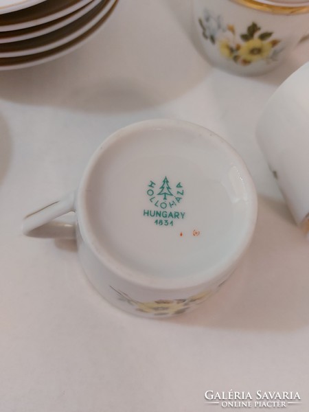 Retro Hollóházi porcelán kávés készlet sárga rózsás mokkás csésze 6 db