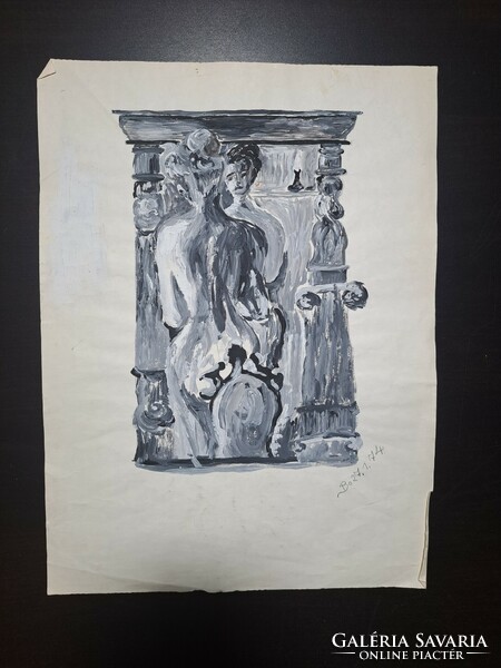 Akt tükörben (tempera) antik oszlopfők, ókori hangulat - teljes méret 40x30 cm