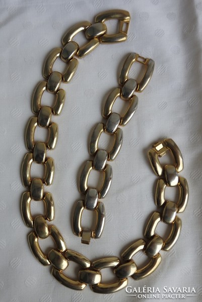 Thick gold plated flat chain set necklace and bracelet