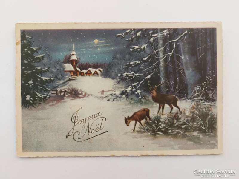 Old Christmas postcard postcard snowy forest deer