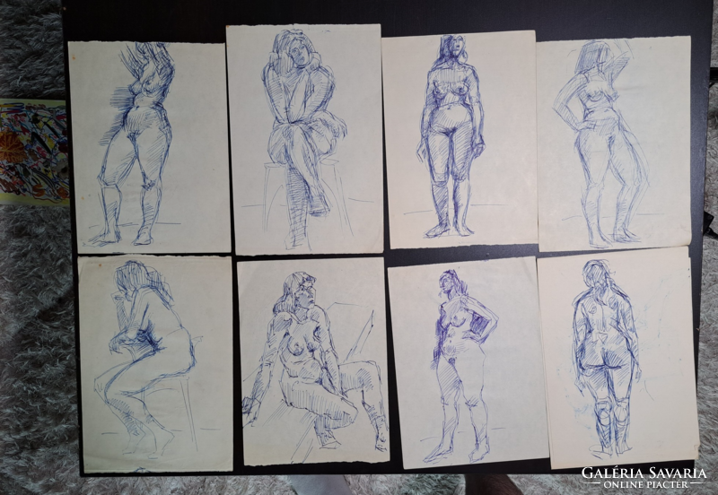 Nude croquis, 8 pcs (blue pen drawings, 25x18 cm) croquis, sketches