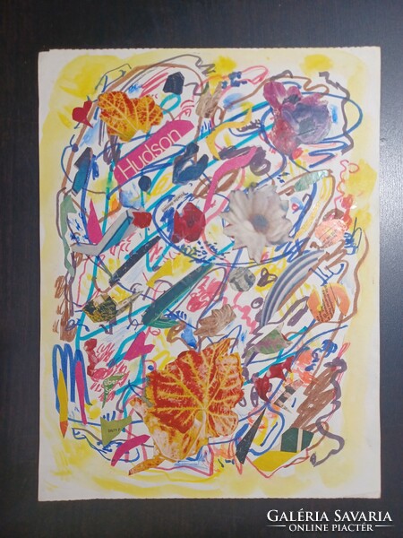Valeria Čũrösné bruckner: color collage (21x27.5 cm) felt-tip pen, newspaper clippings, flowers