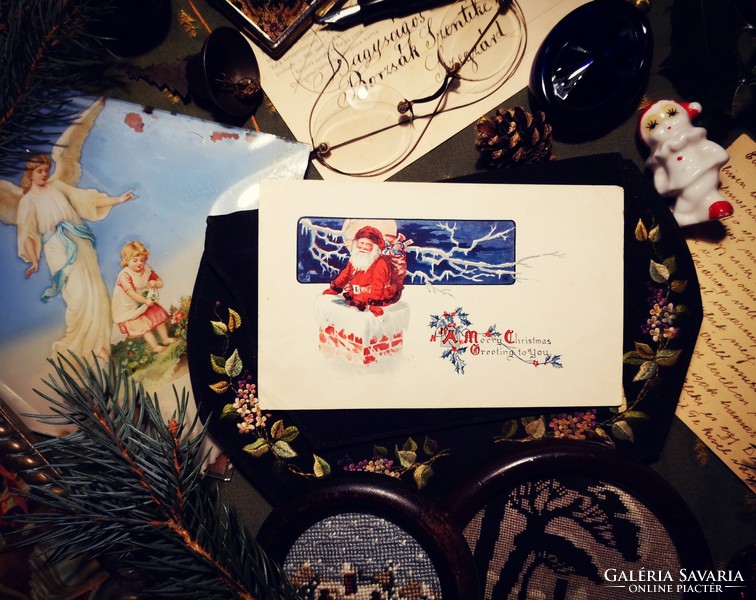 Antik postatiszta karácsonyi képeslap Mikulással