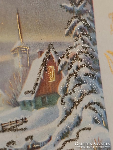 Régi karácsonyi képeslap levelezőlap havas táj falu