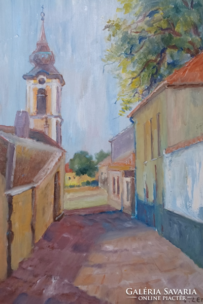 S. Zeni: street scene with church (full size 40x29 cm) watercolor