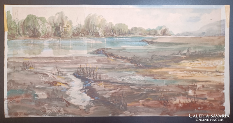 Danube landscape, watercolor (23.5x48 cm) waterfront