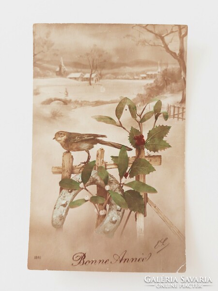 Régi karácsonyi képeslap levelezőlap havas táj kismadár