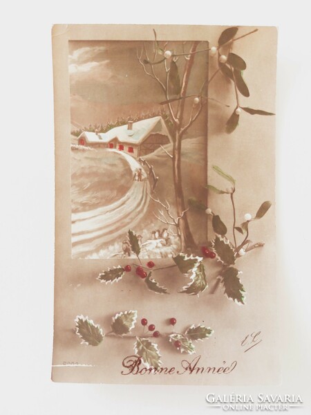 Régi karácsonyi képeslap levelezőlap havas táj fagyöngy