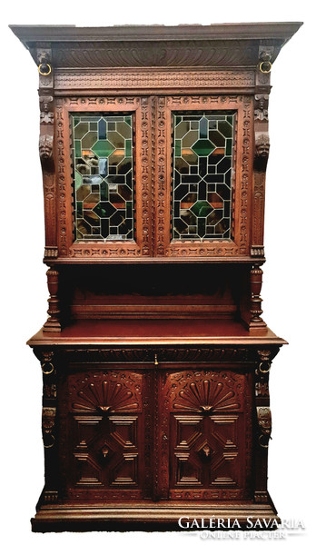 A622 antique richly carved renaissance style stained glass sideboard or bookcase