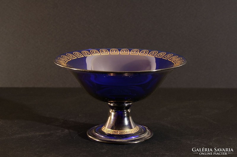 1920. Carl rehm art deco glass pedestal serving bowl cobalt blue bowl gold decoration flawless 13.5x8.5 moser