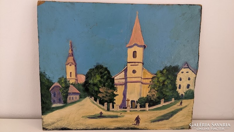 Village church square by an unknown painter, oil on wood