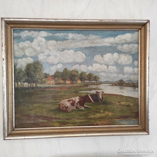 Antique at least 100-year-old landscape painting of cows in a beautiful condition. Olgyay ferenc, Edvi illès aladàr style