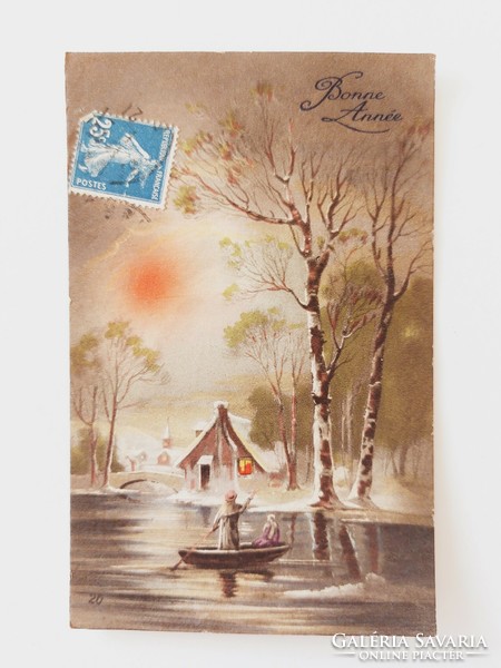 Old Christmas postcard postcard snowy landscape boat