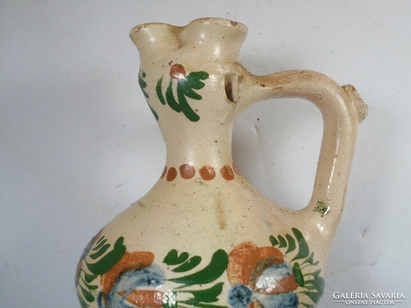 Retro old folk folk art colorful glazed painted ceramic jug with lugs bait jug