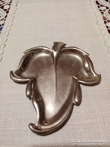 Antique numbered, marked alpaca ashtray / ash bowl - leaf shape silver color