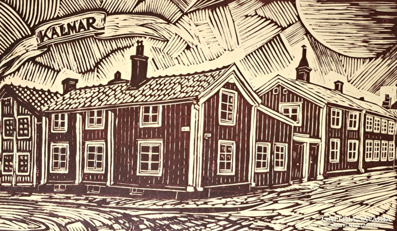 Noémi Tavaszy: squid, linoleum engraving, 1984, full size 34x54 cm - fairytale street scene, cottages