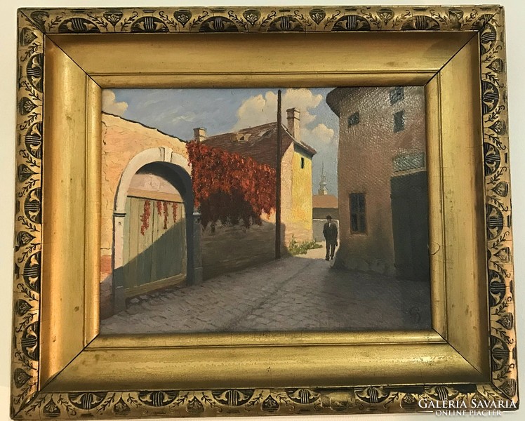 Autumn street scene with wild grapes - unknown artist with sign (45x37 cm frame)