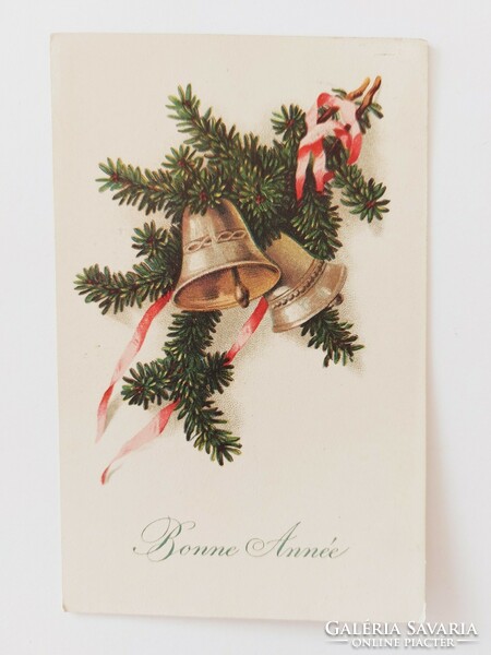 Old Christmas card postcard pine branch bell