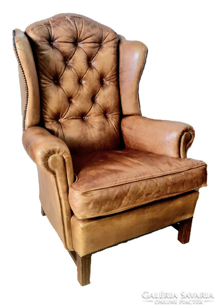 A627 antique English chesterfield winged leather armchair