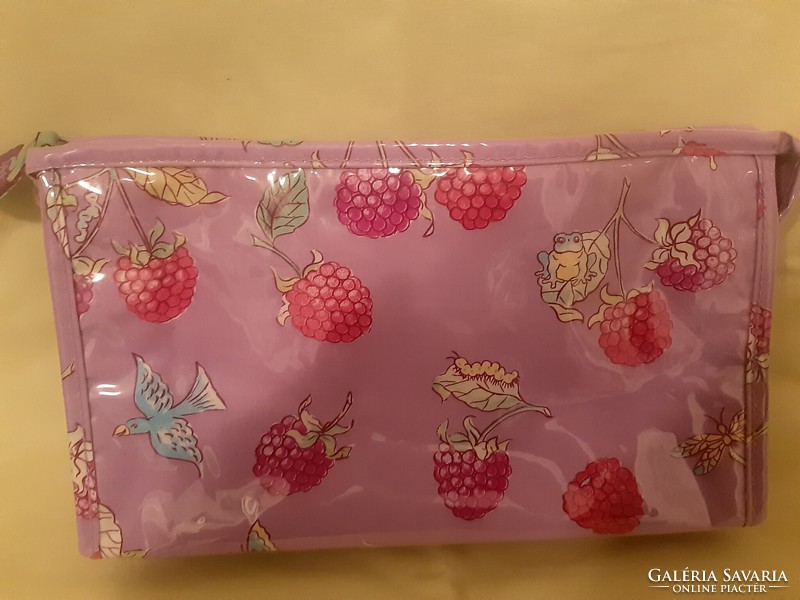 Purple-pink, toiletry bag, dragonfly, bird, raspberry patterned toilet seat, nick and nora brand