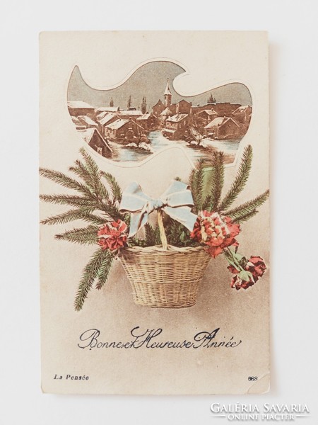 Régi karácsonyi képeslap levelezőlap tájkép virágkosár