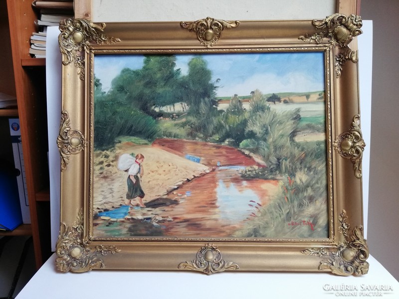 On the way home from the mill. Lovely picture of rural life, oil on canvas, in a gold-colored frame, 1930s