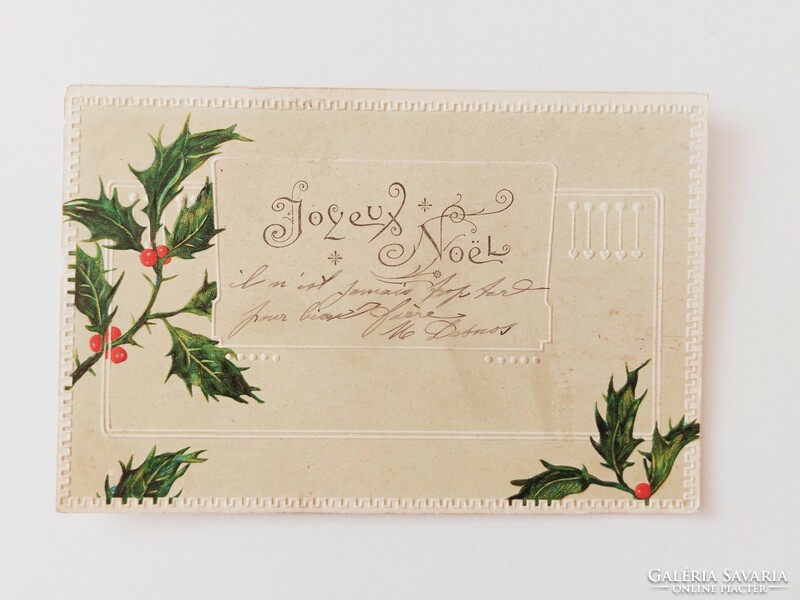 Régi karácsonyi dombornyomott képeslap levelezőlap magyalág