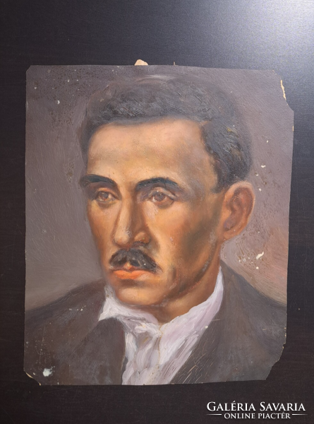Férfi portré (olaj, 35x29 cm) bajszos középkorú - szakadt, foltos a papír!