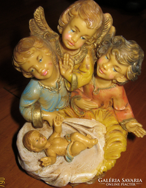Old Italian painted plastic angel statue with group manger and little Jesus