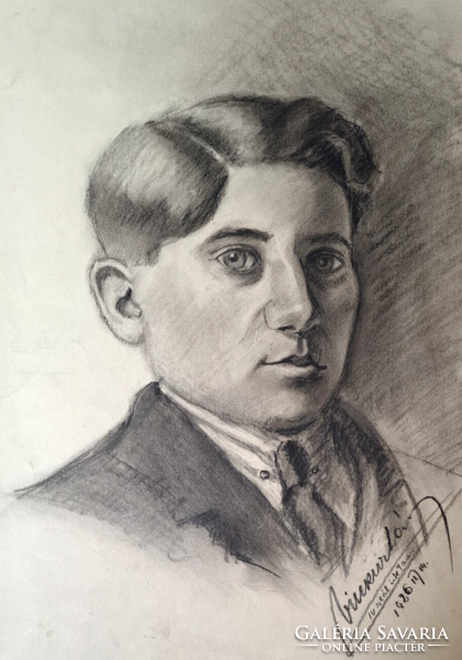 Portrait of a student boy from 1926 (charcoal pencil) size 40x27 cm - boy portrait
