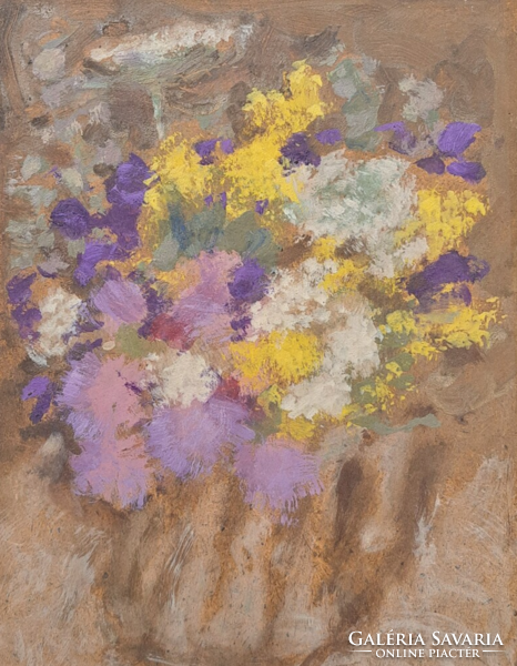 Colorful floral still life - oil on wood fiber, full size 25x31 cm, purple and yellow flowers