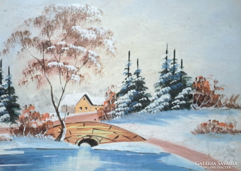 Winter landscape with a bridge, full size 52x39.5 cm, snowy landscape, Christmas