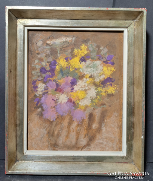 Színes virágcsendélet - olaj farost, teljes méret 25x31 cm, lila és sárga virágok