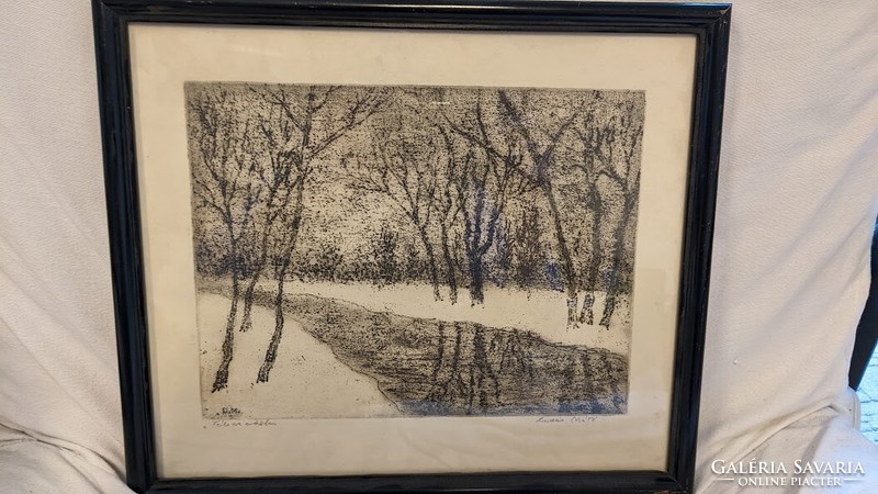 Máté Dudás: winter in the forest etching