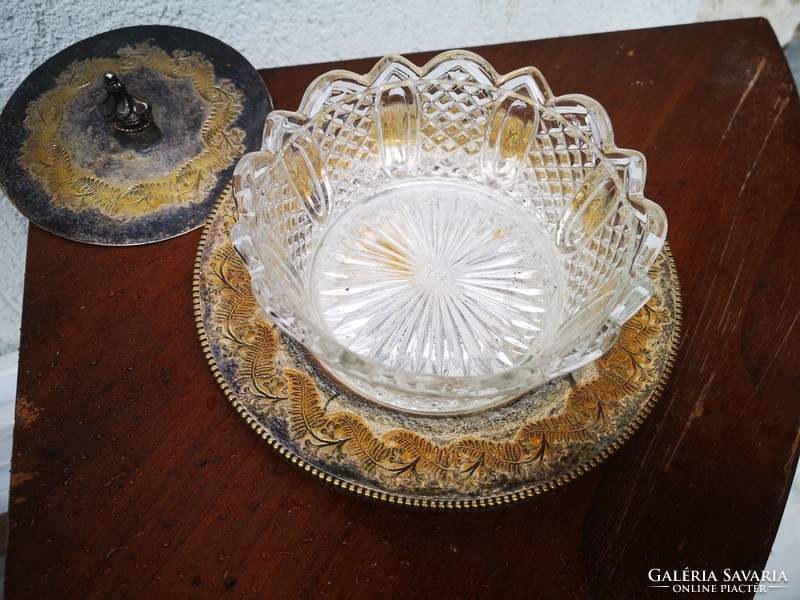 Art Nouveau antique serving table centerpiece, butter holder, sugar box, glass insert, silver type, silver plated
