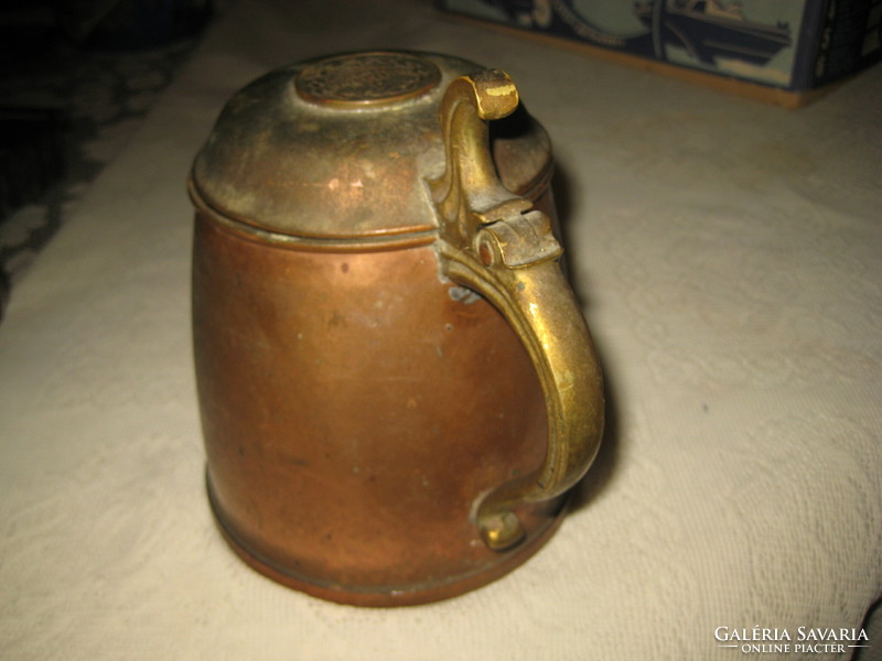 Antique Swedish beer mug, for collectors, made of red and yellow copper with a 4 skillings 1855 decoration
