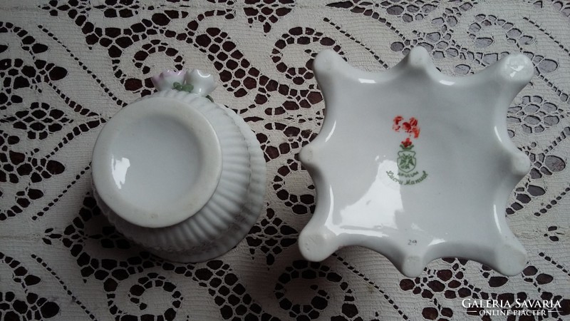 Old apulum porcelain candle holder (tiny petal breaks) and similar jewelry holder v. Kaspo