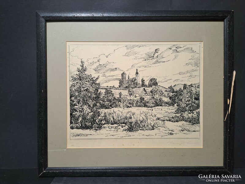Landscape with church tower, ink drawing (full size 46x39 cm) Viktor Herméli (?)