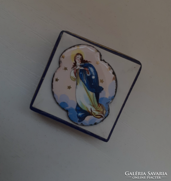 Antique hand-painted Virgin Mary pendant without frame in its old box