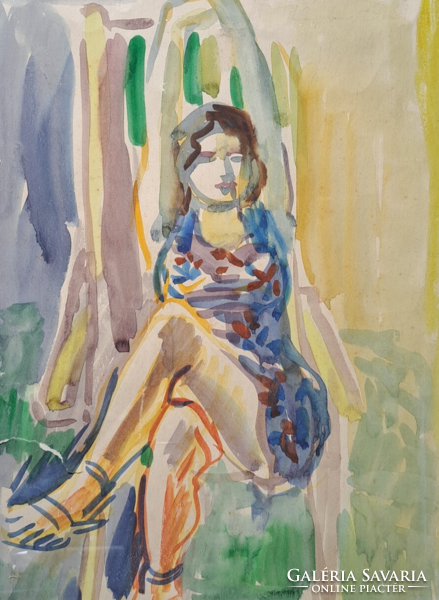 Éva Káplár: stretching - watercolor (size with frame 41x51 cm) female portrait