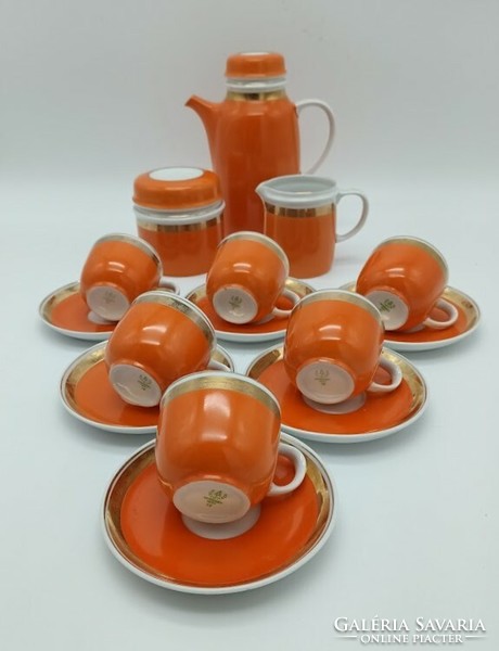 Hollóházi coffee, orange mocha set 1., Coffee set from the 60s, retro