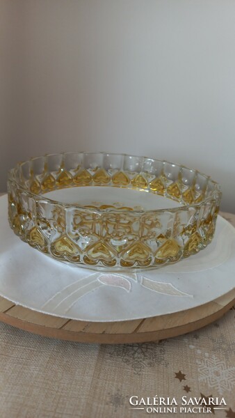 Vintage(1960) walther glass thick-walled, yellow-colored, heart-shaped patterned polished bowl/tender