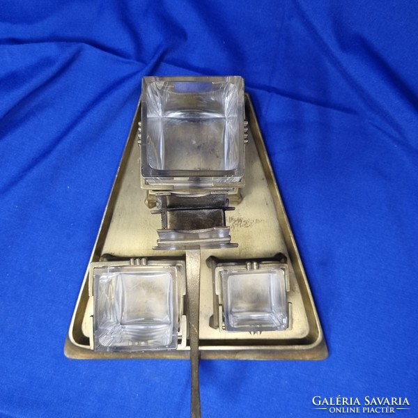Classic antique art deco table smoking set with polished glass insert for sale.